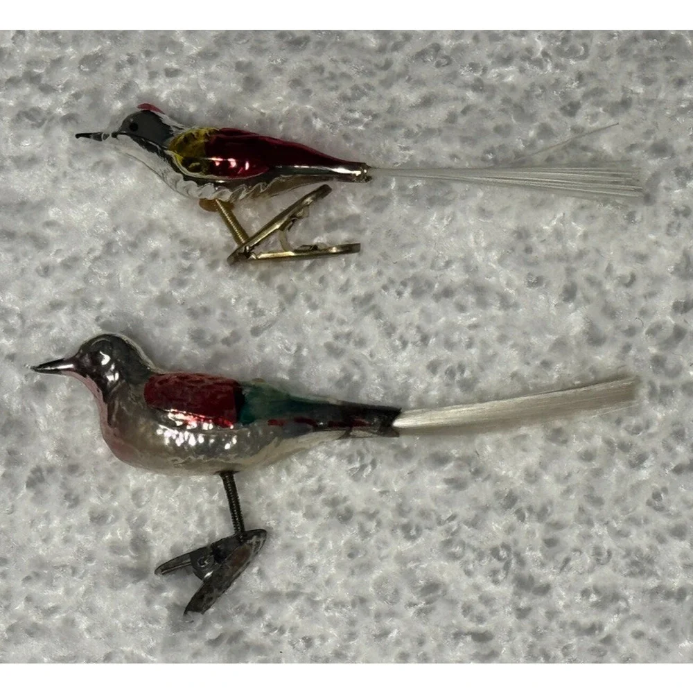 Set of 2 Vintage Mercury Glass Bird Clip Ornaments For Christmas Tree 3.5”